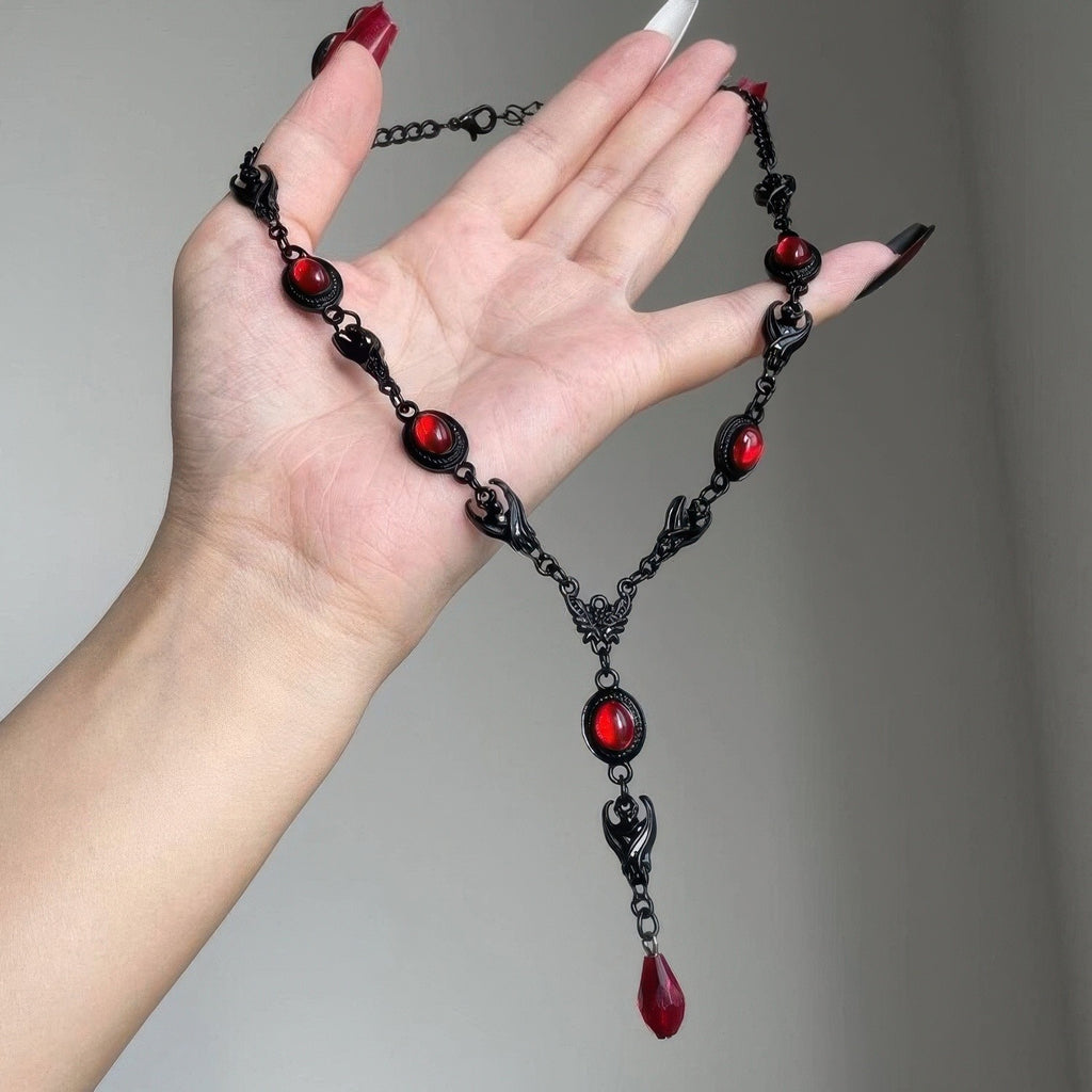 Gothic Punk Black Red Teardrop Pendant Necklace
