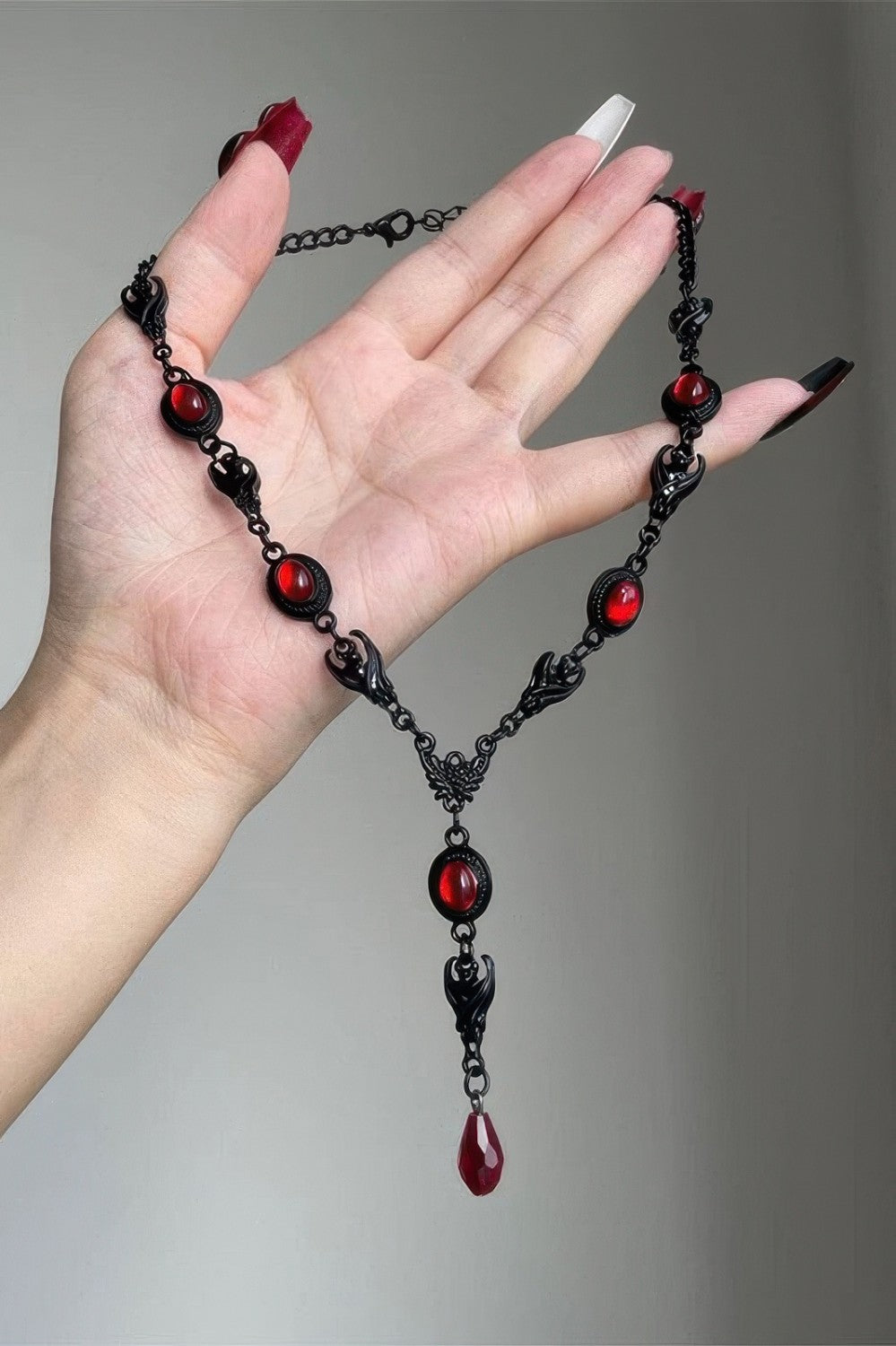 Gothic Punk Black Red Teardrop Pendant Necklace