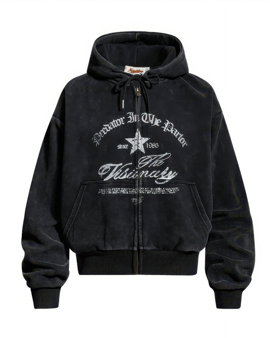 Vintage Washed Gothic Graphic Heavyweight Zip-Up Hoodie