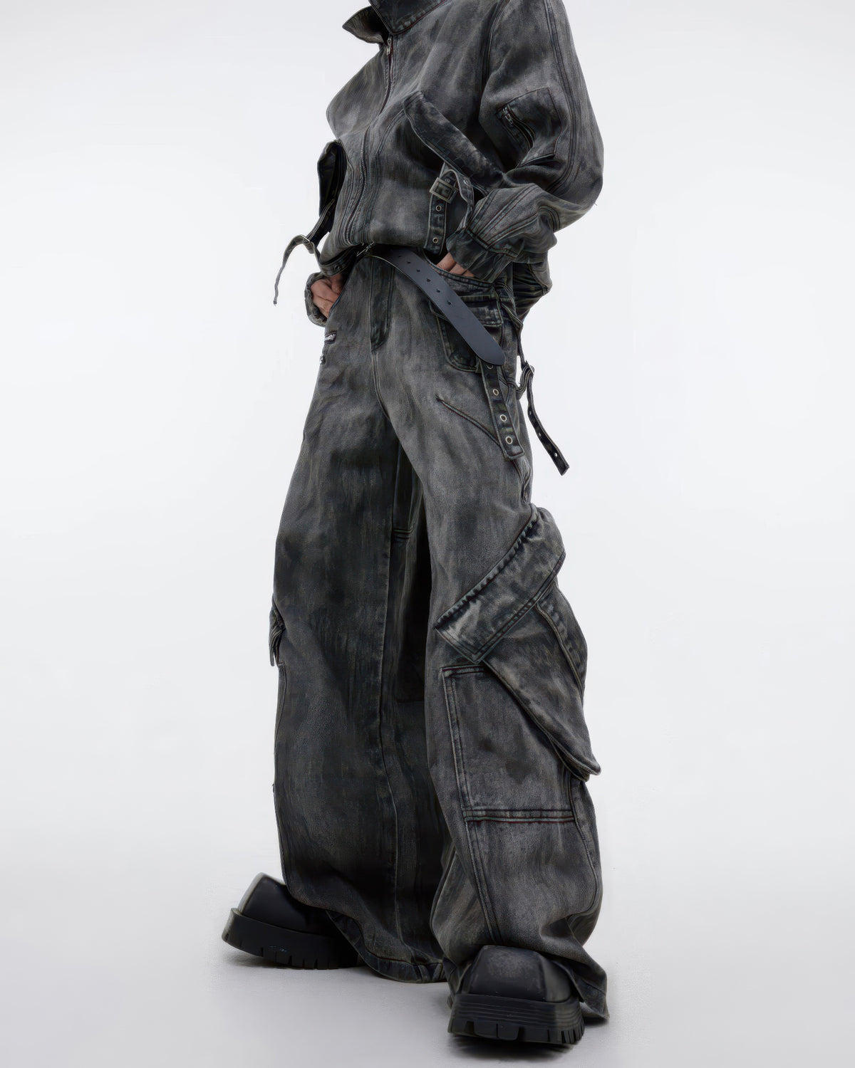 Washed Black Tactical Denim Jacket and Pants Set