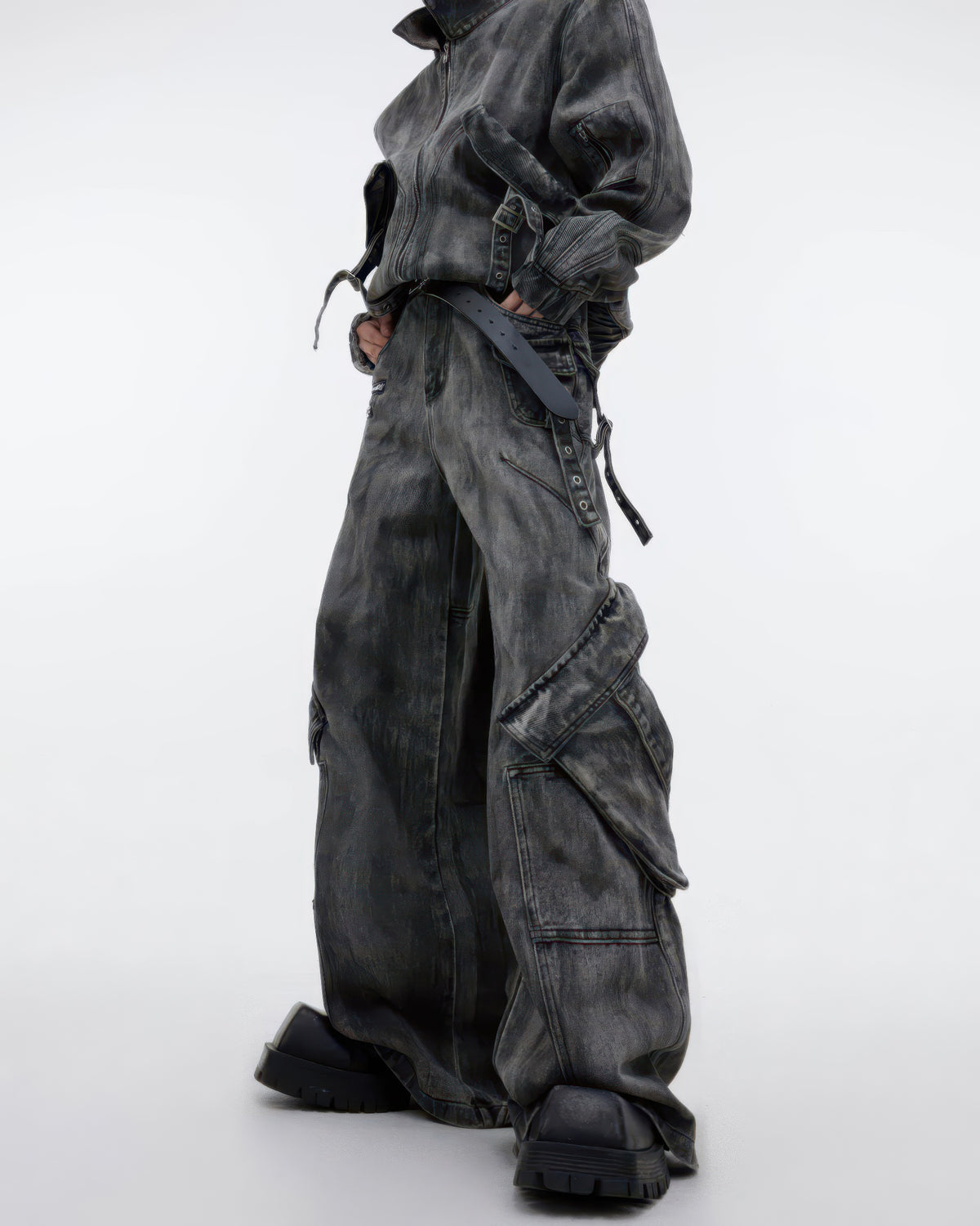 Washed Black Tactical Denim Jacket and Pants Set