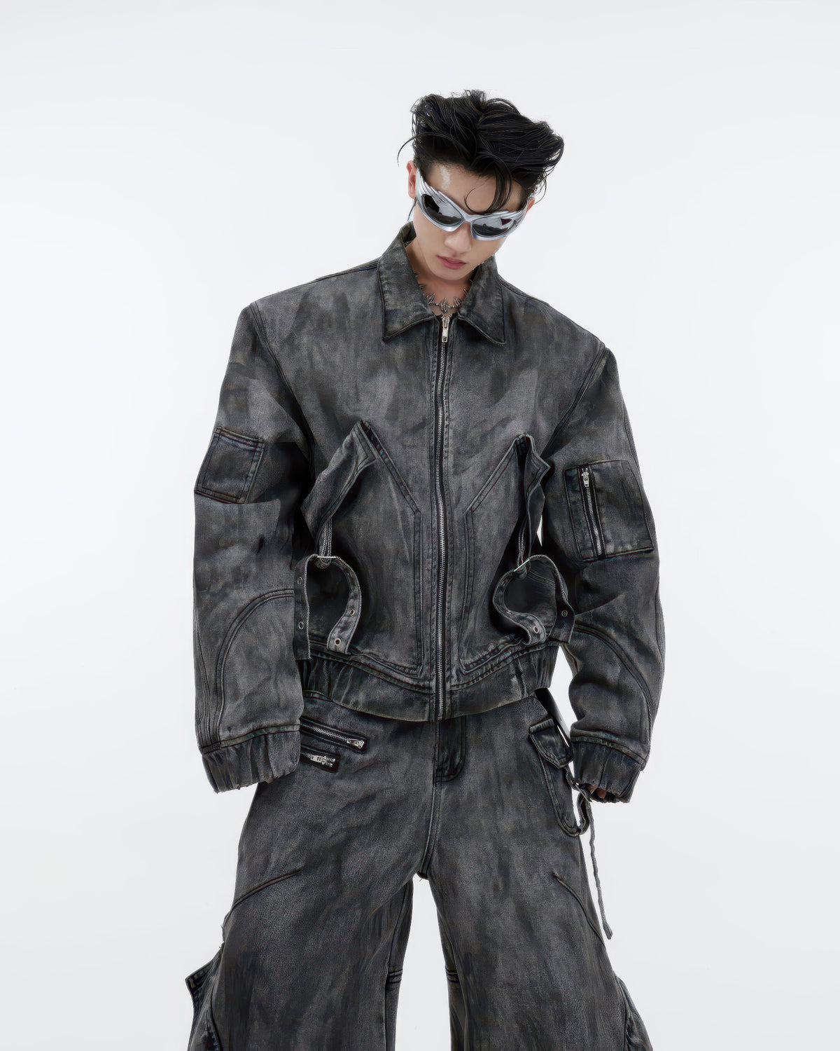Washed Black Tactical Denim Jacket and Pants Set